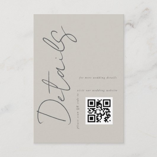 Taupe Gray Modern QR Code Wedding Details Begleitkarte (Vorderseite)