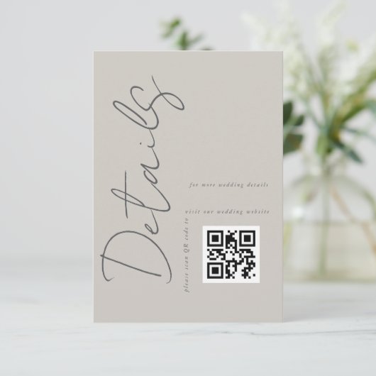 Taupe Gray Modern QR Code Wedding Details Begleitkarte (Stehend Vorderseite)