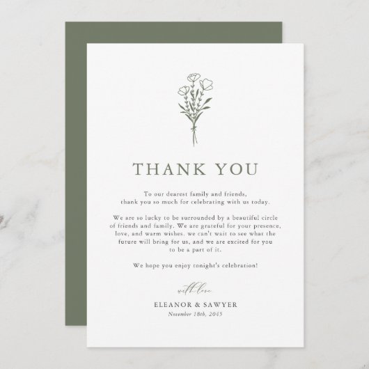 Taupe Green Boho Minimalistisch Botanicals Wedding Dankeskarte (Vorne/Hinten)