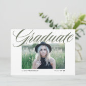Taupe Green Bold Calligraphy Foto Abschluss Einladung (Stehend Vorderseite)