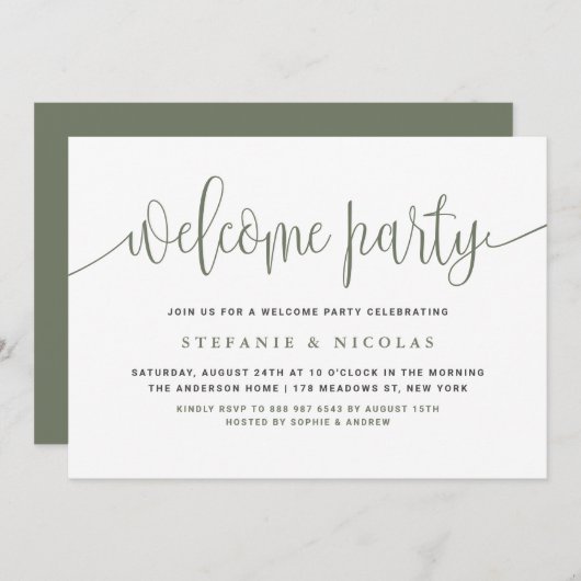 Taupe Green Hübsch Calligraphy Welcome Party Einladung (Vorne/Hinten)