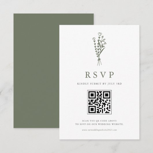 Taupe Green Minimailist Bouquet QR Code Wedding RSVP Karte (Vorne/Hinten)