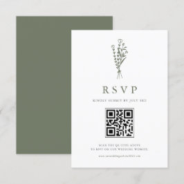 Taupe Green Minimailist Bouquet QR Code Wedding RSVP Karte