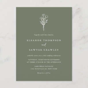 Taupe Green Minimalistisch Bouquet QR Code Wedding Einladungspostkarte