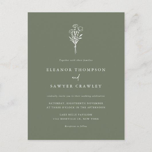 Taupe Green Minimalistisch Bouquet QR Code Wedding Einladungspostkarte (Vorderseite)