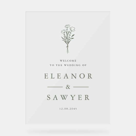 Taupe Green Minimalistisch Floral Bouquet Wedding Acrylschild (Vorderseite)