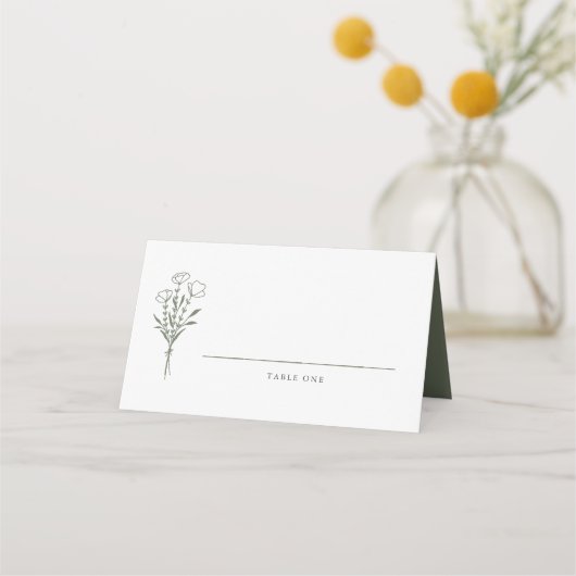 Taupe Green Minimalistisch Floral Bouquet Wedding Platzkarte (Vorderseite)