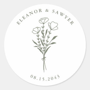 Taupe Green Minimalistisch Floral Bouquet Wedding Runder Aufkleber