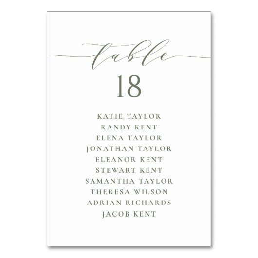 Taupe Green Minimalistisch Script Wedding Plan Tischnummer (Vorderseite)