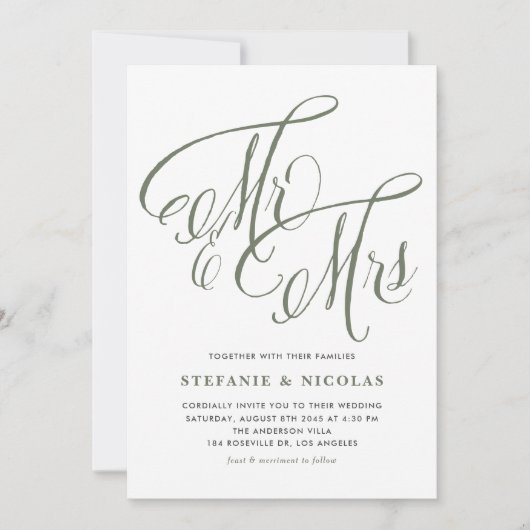 Taupe Green Mrs. und Mrs. Rustic Script Wedding Einladung (Vorderseite)