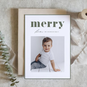 Taupe Green Retro Merry Typografie Foto Weihnachte Feiertagskarte