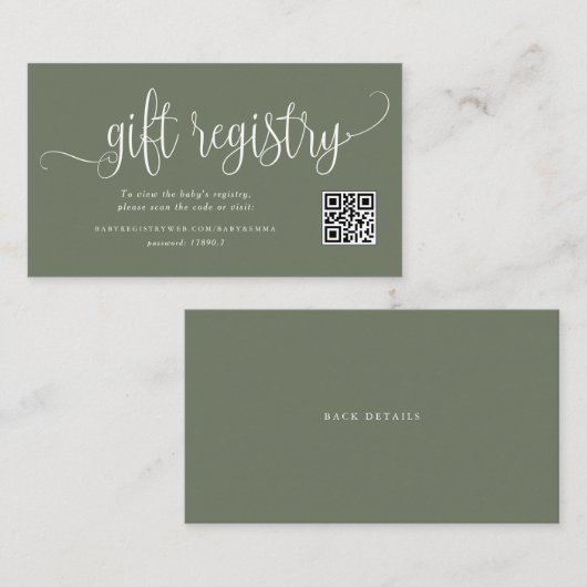 Taupe Green Script Baby Dusche QR Code Registrieru Begleitkarte (Vorne/Hinten)