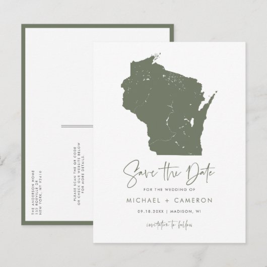Taupe Green Wisconsin Karte QR-Code Save the Date (Vorne/Hinten)