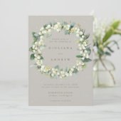 Taupe/Greige Snowberry+Eucalyptus Wreath Wedding Einladung (Stehend Vorderseite)