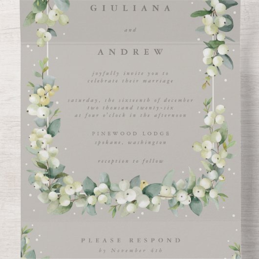 Taupe/Greige Snowberry+Eukalyptus Winter Wedding All In One Einladung (Innen Mitte)