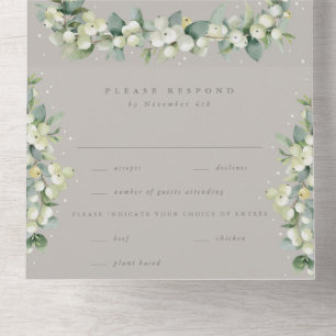 Taupe/Greige Snowberry+Eukalyptus Winter Wedding All In One Einladung