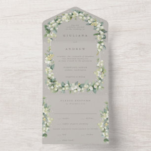 Taupe/Greige Snowberry+Eukalyptus Winterhochzeit All In One Einladung