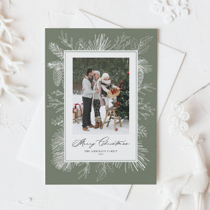 Taupe-grüne vintage botanische Weihnachtsfoto Feiertagskarte