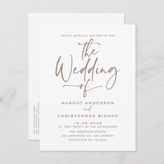 Taupe Hand Lettered Calligraphy Boho Wedding Einladungspostkarte (Vorne/Hinten)