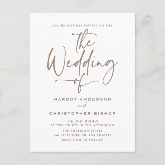 Taupe Hand Lettered Calligraphy Boho Wedding Einladungspostkarte (Vorderseite)