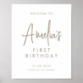 Taupe Handgeschriebenes Skript Erste Geburtstag Wi Poster (Vorne)