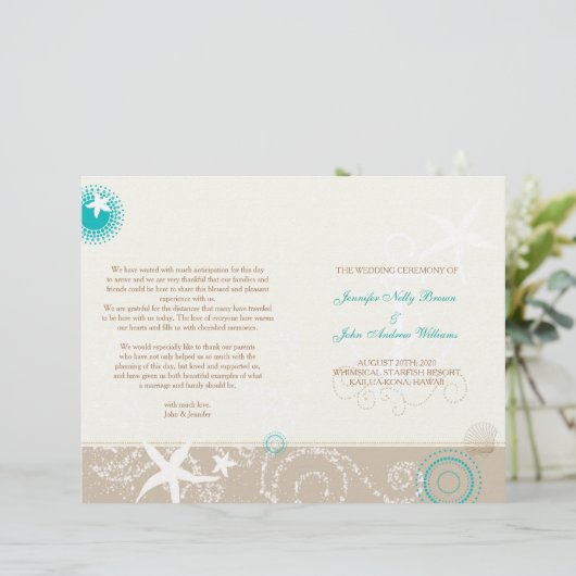 Taupe Ivory Aqua Beach Wedding Bi Fold Program (Stehend Vorderseite)