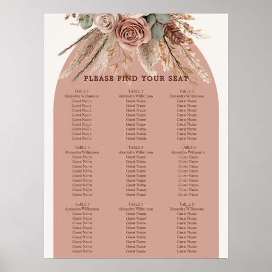 Taupe ivory pampas grass wedding seating chart poster (Vorne)