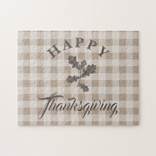 Taupe Kariert Moderne Foliage Happy Thanksgiving Puzzle (Horizontal)