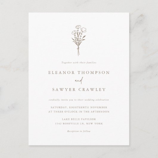 Taupe Minimalistisch Floral Bouquet QR Code Weddin Einladungspostkarte (Vorderseite)