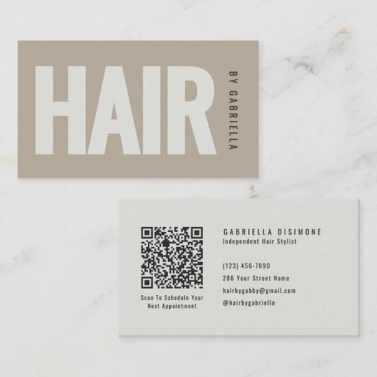 Taupe-Minimalistischer-Friseur-QR-Code Visitenkarte (Vorne/Hinten)