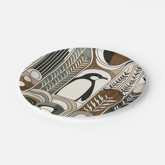 Taupe Mocha Abstrakt Gran Arcs Pattern Pinguin Pappteller (Schrägansicht)