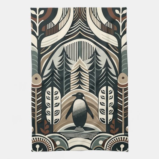 Taupe Mocha Elfenbeinpinguinwald mit Arkaden Geschirrtuch (Vertikal)