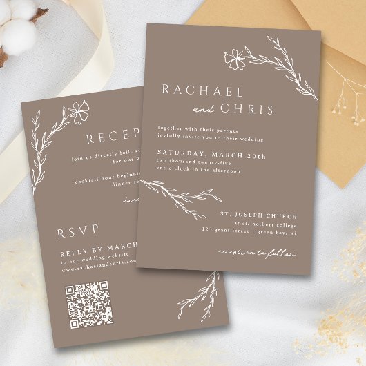 Taupe Mocha Simple Boho Floral QR Code Einladung
