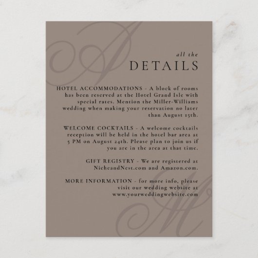 Taupe Modern Edge Elegant Monogram Details Begleitkarte (Vorderseite)