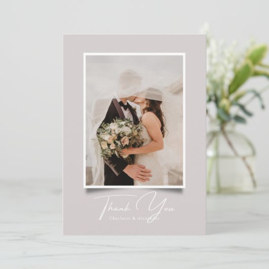 Taupe Modern Foto Frame Wedding Danke Karte (Stehend Vorderseite)
