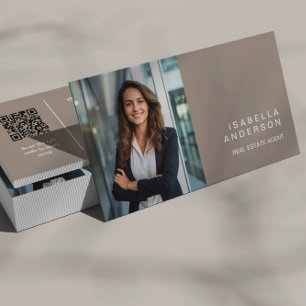 Taupe Modern Real Staat Beruflich Foto QR-Code Visitenkarte
