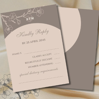 Taupe Monogram Floral Japandi Wedding RSVP Card Karte