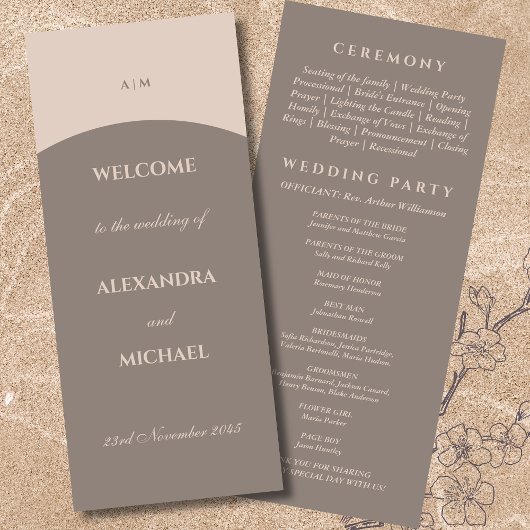 Taupe Monogram Minimalistisch Japandi Wedding Programm