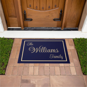 Taupe Navy Elegant Script Familienname Willkommens Fußmatte