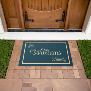 Taupe Navy Elegant Script Familienname Willkommens Fußmatte
