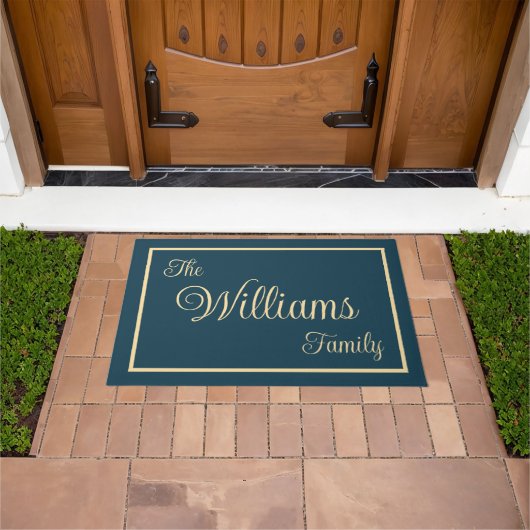 Taupe Navy Elegant Script Familienname Willkommens Fußmatte (Außenbereich)