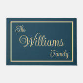 Taupe Navy Elegant Script Familienname Willkommens Fußmatte (Vorderseite)