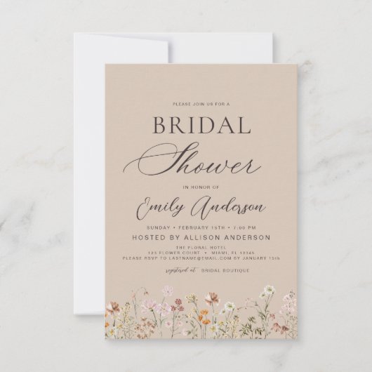 Taupe Neutral Boho Wildblume Brautparty Einladung (Vorderseite)