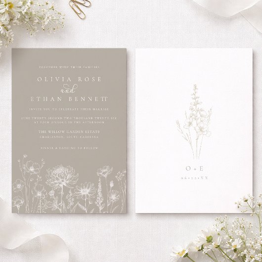 Taupe Neutral Wildflower Wedding Invitation Einladung
