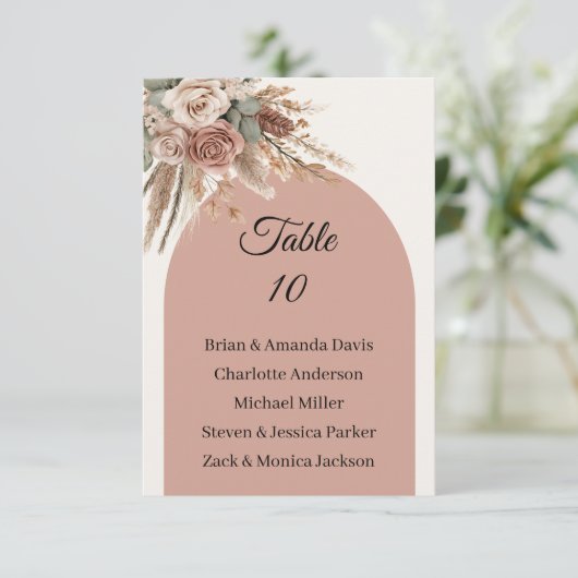 Taupe pampas grass wedding table number names card RSVP karte (Stehend Vorderseite)