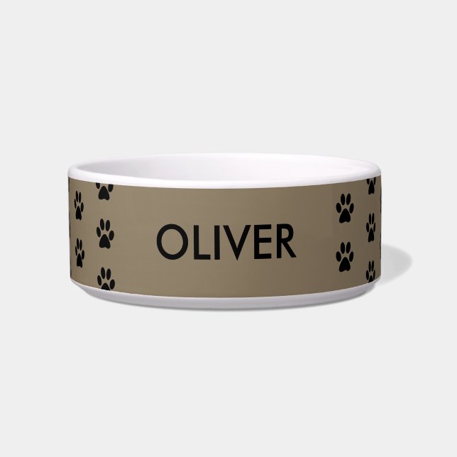 Taupe Paw Print Muster Personalisiert Name Pet Napf (Vorderseite)