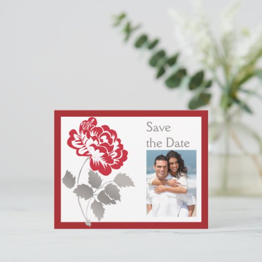 Taupe Red White Peony FOTO Save the Date Karte (Stehend Vorderseite)