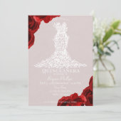 Taupe Rote Rosen Weiße Blätter Kleid Quinceañera Einladung (Stehend Vorderseite)