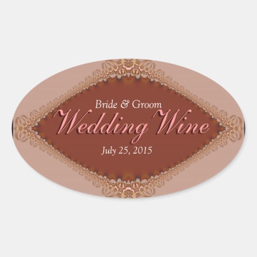 Taupe Russet Brocade Lace Wedding Wine label Ovaler Aufkleber (Vorderseite)