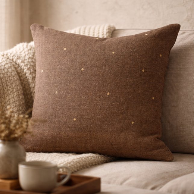 Taupe Rustic Hearth Throw Pillow Kissen (Dark taupe woven texture print with subtle gold sparks, grounded layers for warm hearth spaces)